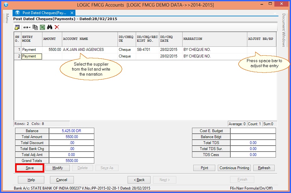 fmcg post dated cheque payments acc details